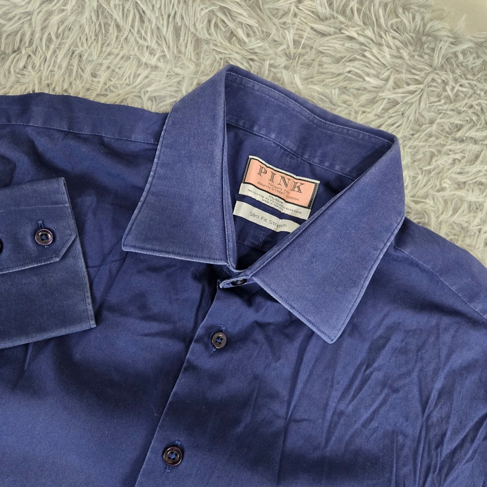 Thomas Pink Shirt Mens 17.5 Navy‎ Blue Excellent Slim Fit Stretch Button Down